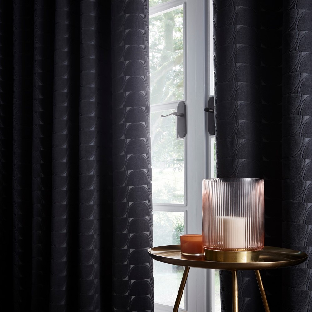 Lucca Geometric Velvet Curtains By Clarke And Clarke in Charcoal Grey